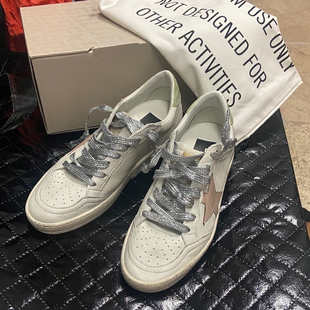 Golden Goose Cream Sneakers with Silver Laces and Tan Star